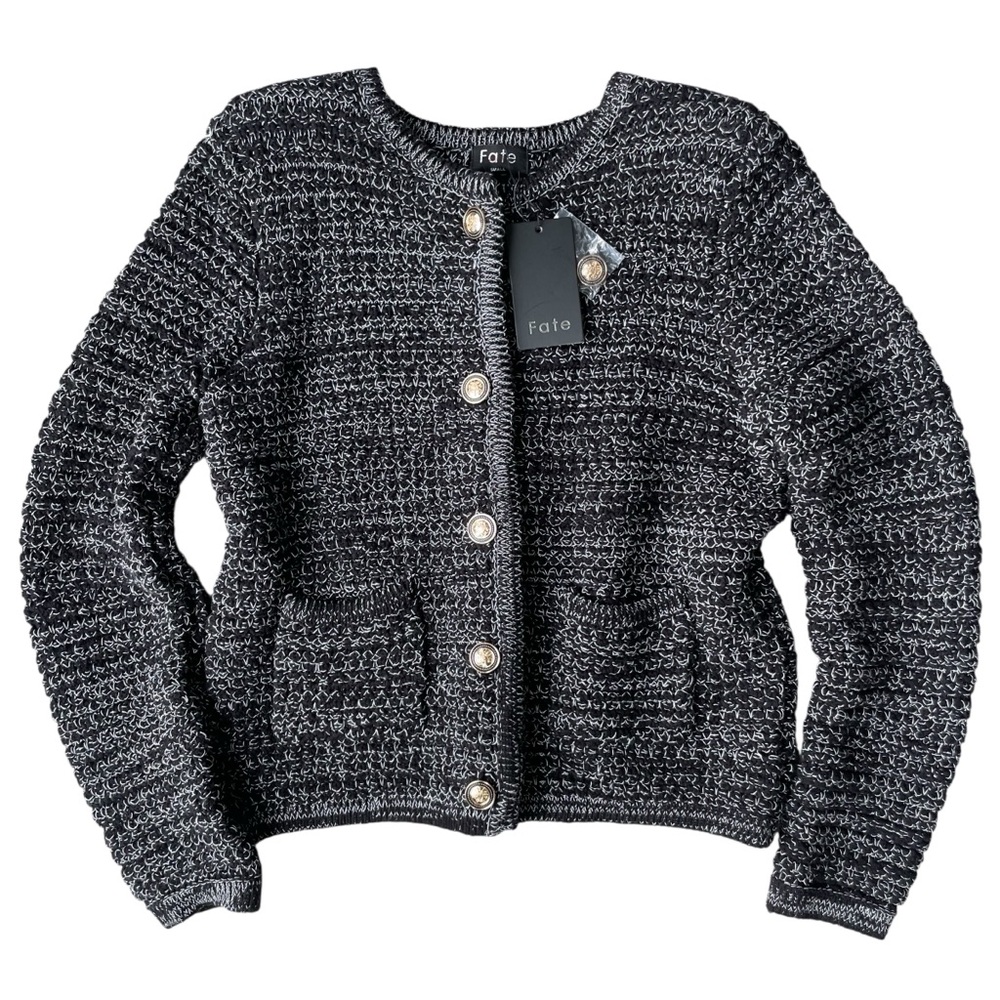Fate Textured Knit Cotton Cardigan Sweater Size S Black White Gold Buttons